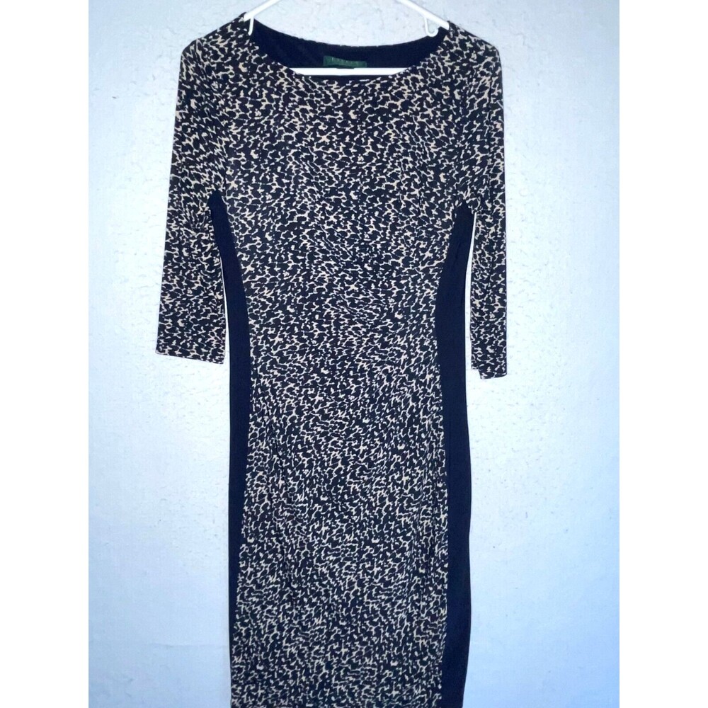 Ralph Lauren Sz 2 Navy Blue Animal Print 3/4 Sleeve Sheath Dress Leopard Women's